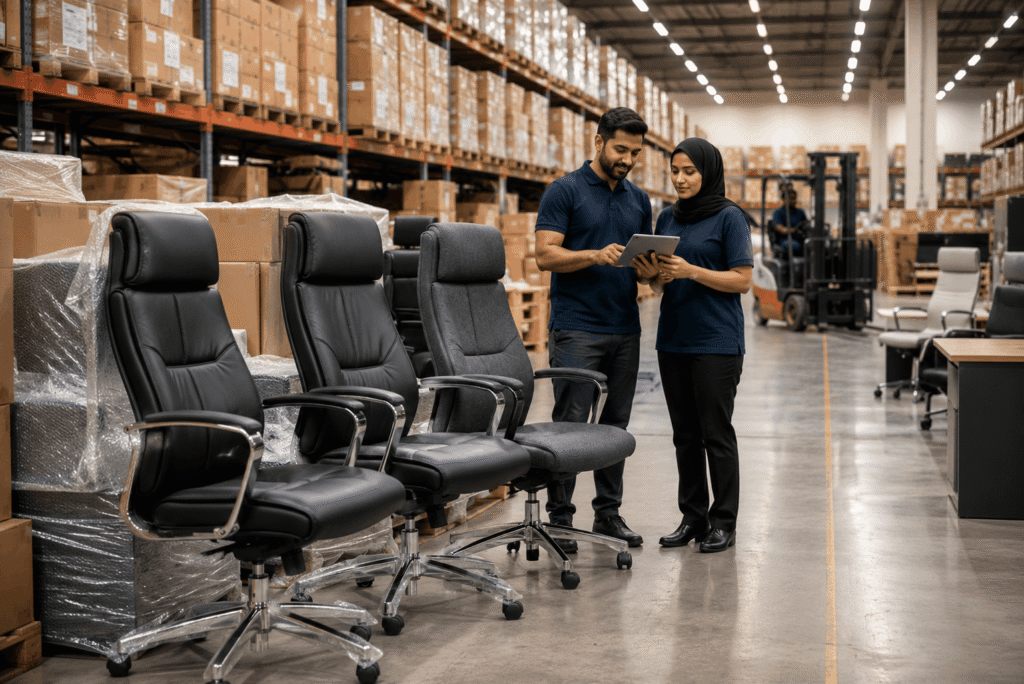 Executive office chairs bulk supply warehouse UAE – professional staff reviewing inventory
