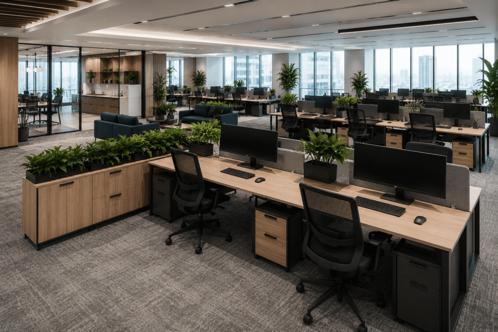 Modern office workstations in a spacious corporate workspace designed to improve productivity, organization, and team collaboration.