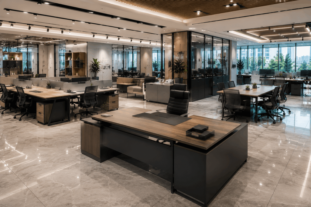 Premium commercial office workstations displayed in a modern office furniture showroom with professional workspace solutions.