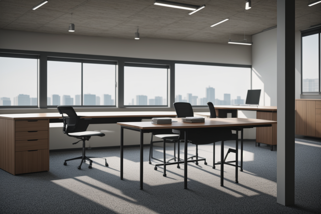 Premium commercial office furniture showroom featuring building materials