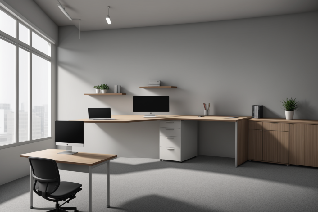 Premium commercial office furniture showroom featuring computer tables