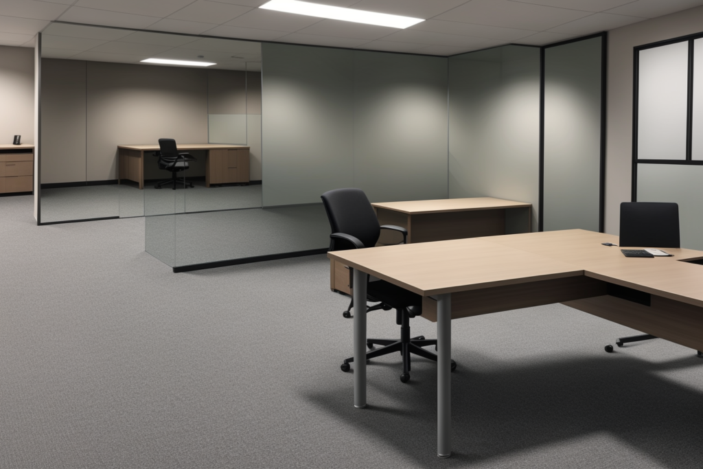 Premium commercial office furniture showroom featuring office partitions