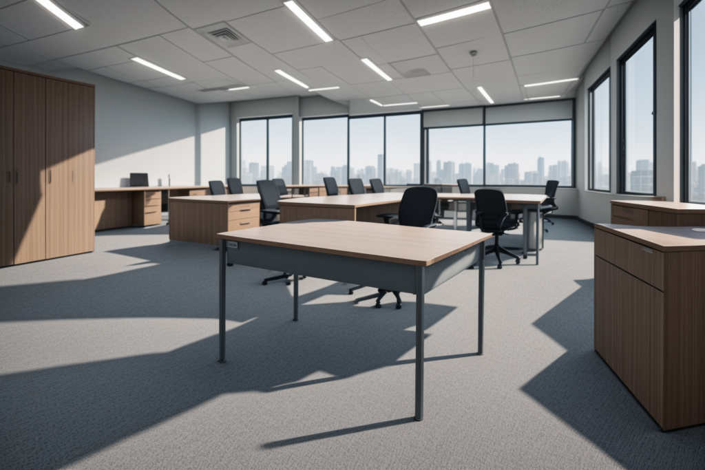 Premium commercial office furniture showroom featuring staff desks