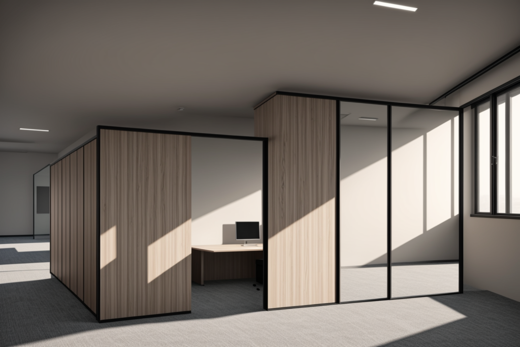 Premium commercial office furniture showroom featuring wooden finish office partitions